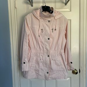 Pink Macintosh New England rain jacket with hood.